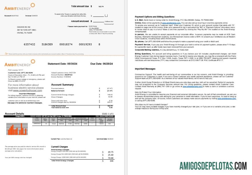 Em branco modelo Word e PDF de projeto de lei de serviços públicos de energia da Ambit dos EUA 1 2 páginas